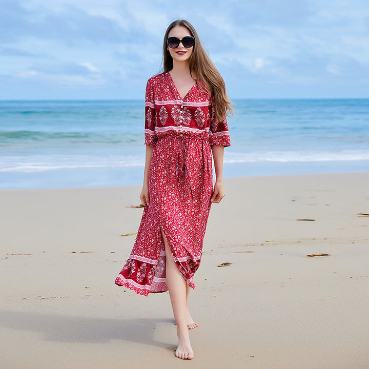 Kayla Sukienka Damska Maxi – Kwiatowa Sukienka Plus Size z Dekoltem w Serek, Długimi Rękawami i Asymetrycznym Dołem