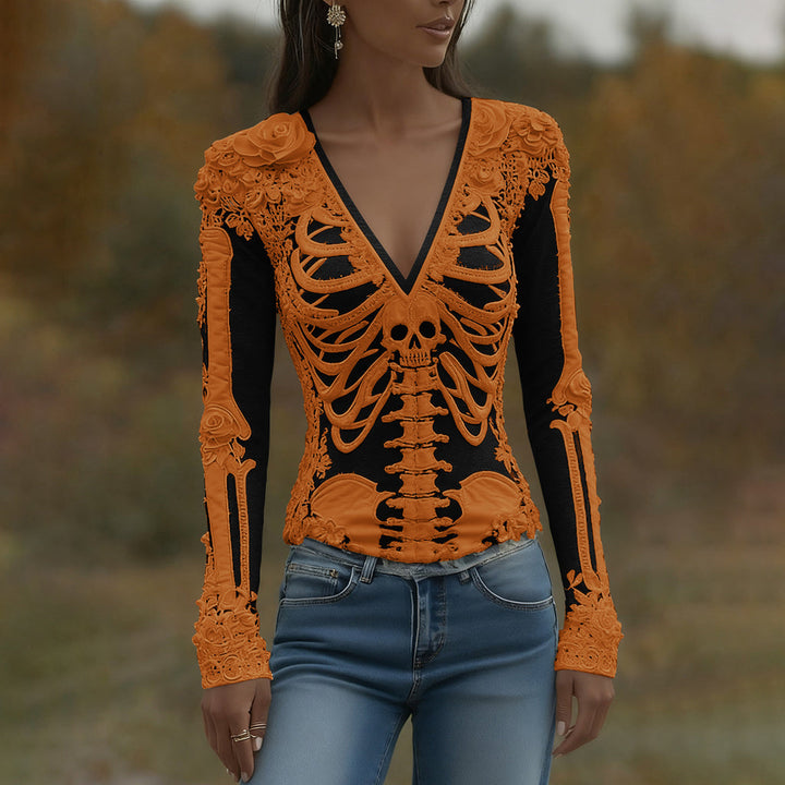 Arwen | Koszulka V-Neck z nadrukiem szkieletu na Halloween