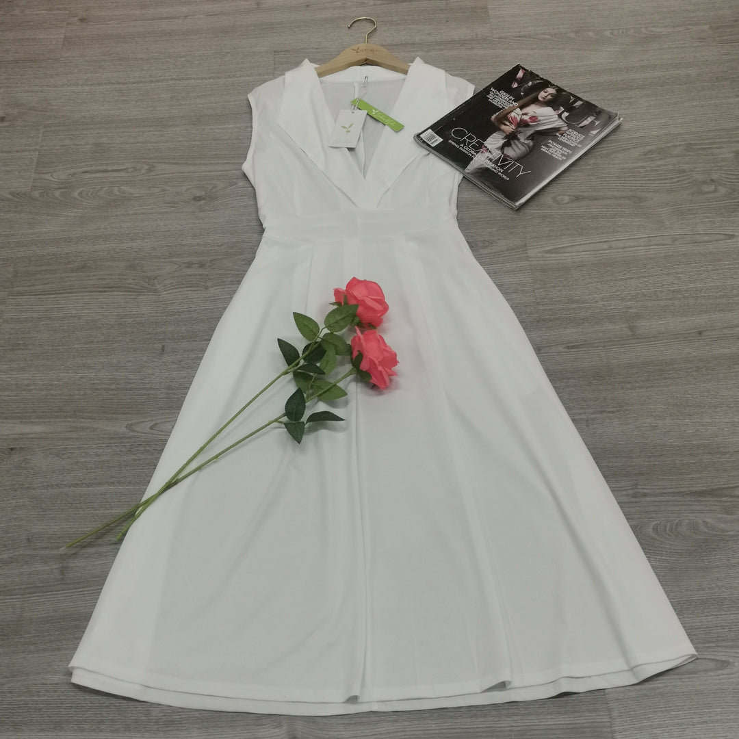 Robe Longue Femme Beatrice – Élégante Robe Blanche avec Décolleté en V pour l’Été et les Événements Spéciaux