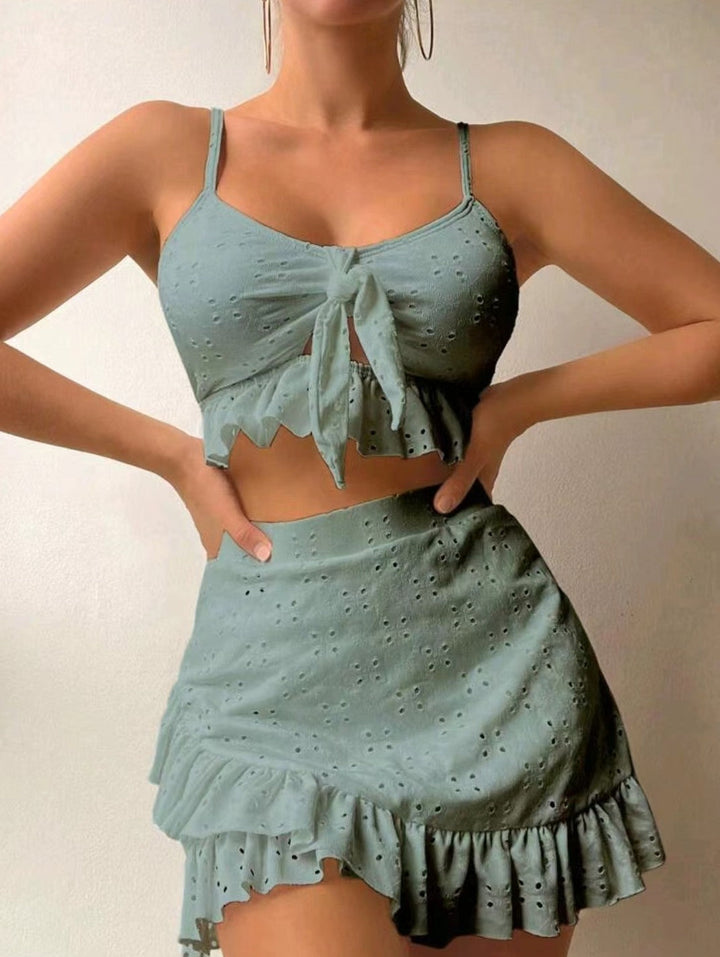 Serena 3-Częściowy Strój Kąpielowy Damski – Modne Bikini z Falbankami, Spódniczką i Dopasowanym Topem