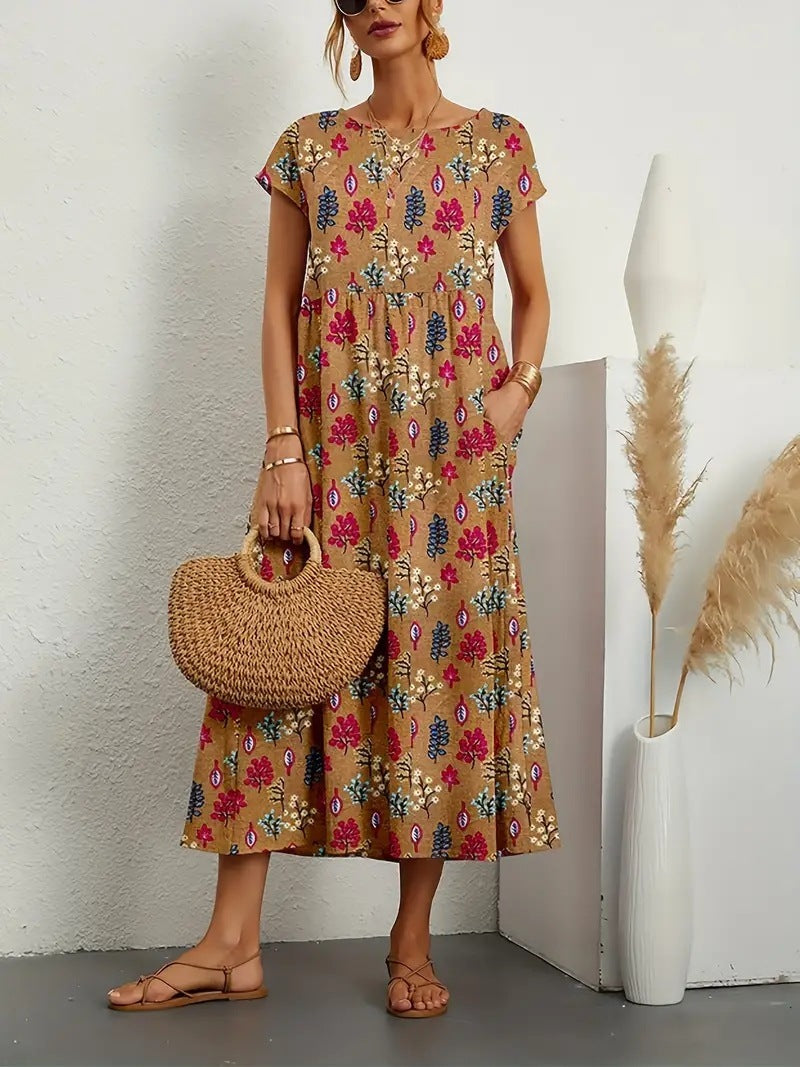 Sukienka Midi Damska Frances – Elegancka Sukienka w Kwiaty z Oddychającego Materiału o Kobiecym Kroju