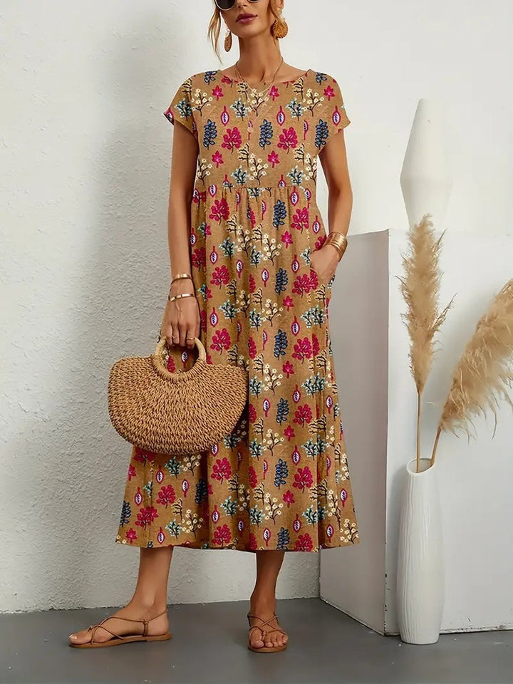 Sukienka Midi Damska Frances – Elegancka Sukienka w Kwiaty z Oddychającego Materiału o Kobiecym Kroju