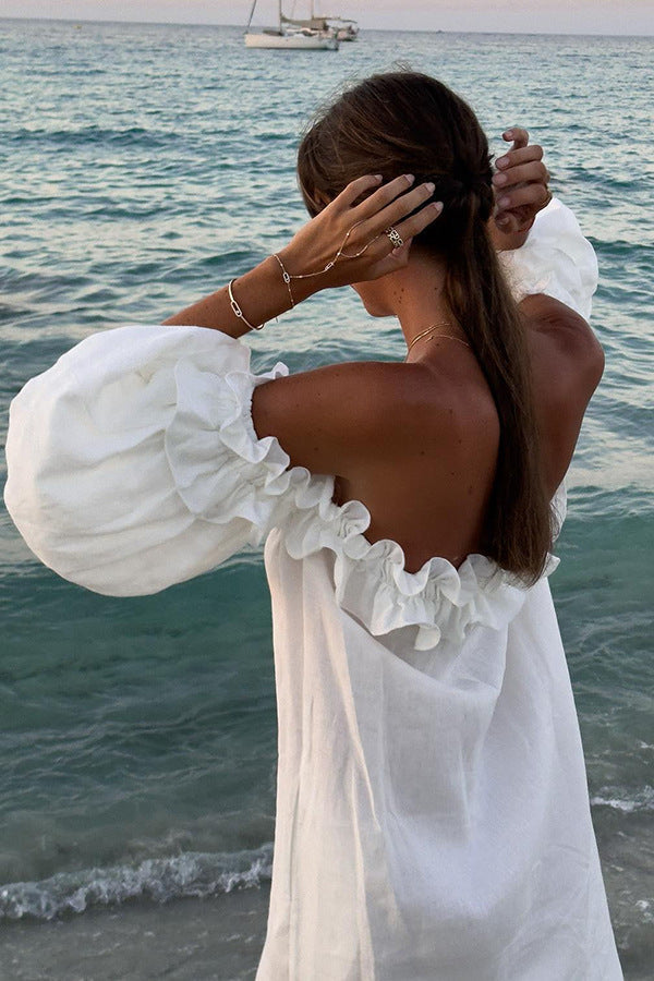 Valentina Sukienka Maxi Damska – Bawełniana Boho Sukienka z Odsłoniętymi Ramionami, Falbanami & Dekoltem Bardot