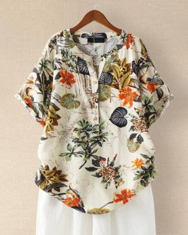 T-shirt Damski Elisse – Swobodna Elegancja z Kwiatowym Nadrukiem, Mieszanką Bawełny i Lnu oraz Stylowym Detalem