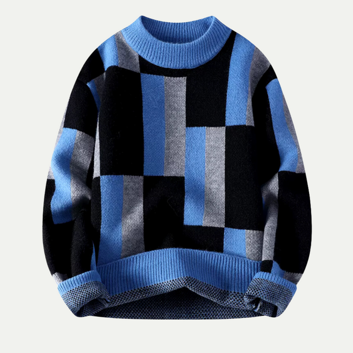 David Męski Sweter z Wełny Merynosów – Stylowy Sweter w Kratę z Golfem & Luźnym Krojem