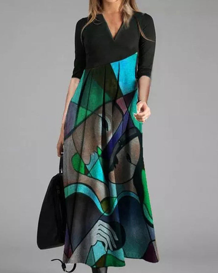Sukienka Damska Nina – Elegancka Sukienka w Stylu Color Block z Długim Rękawem i Plisowanym Detalem