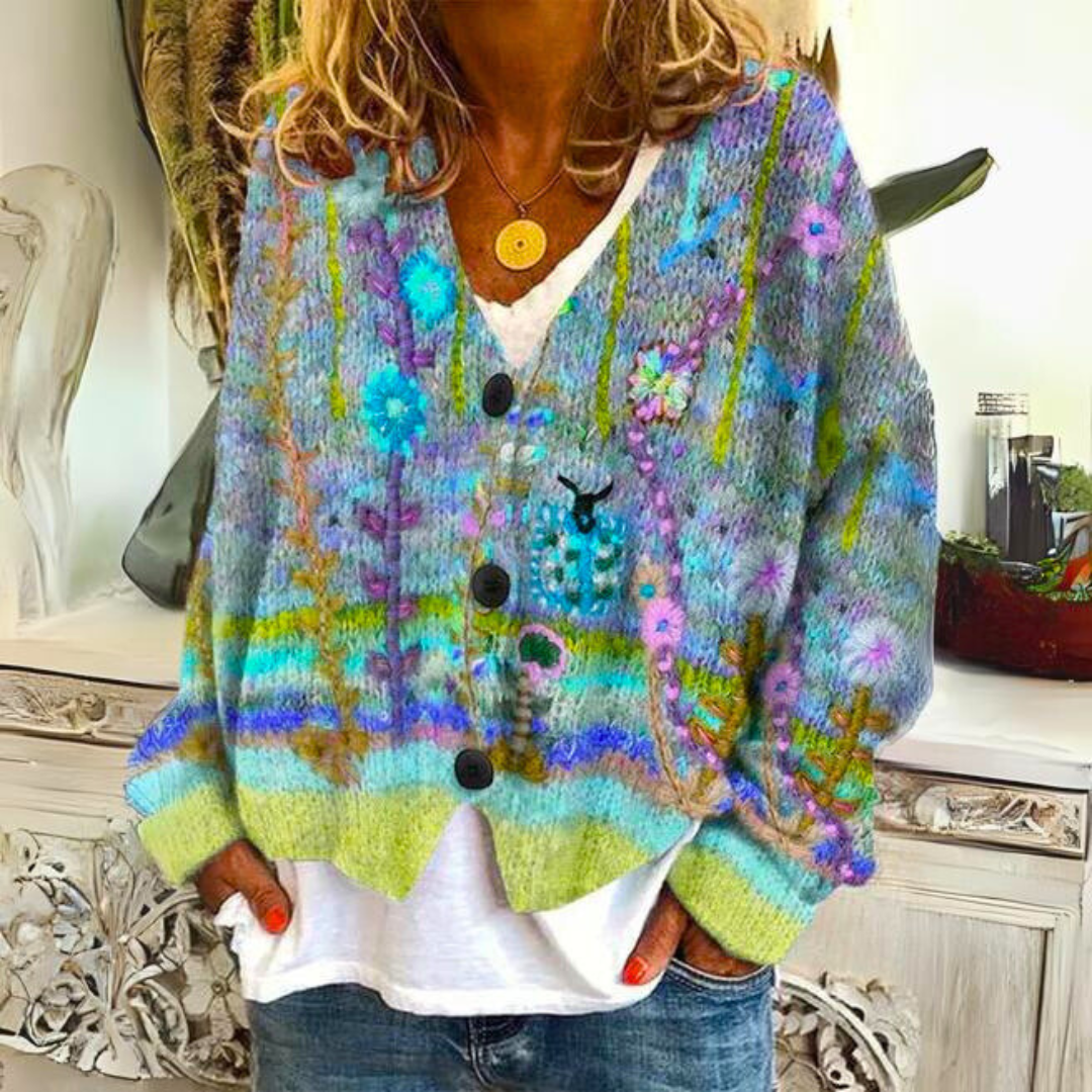 Elisa Kardigan Boho – Kardigan w Kolorowe Wzory z Haftami Kwiatowymi i Luźnym Krojem