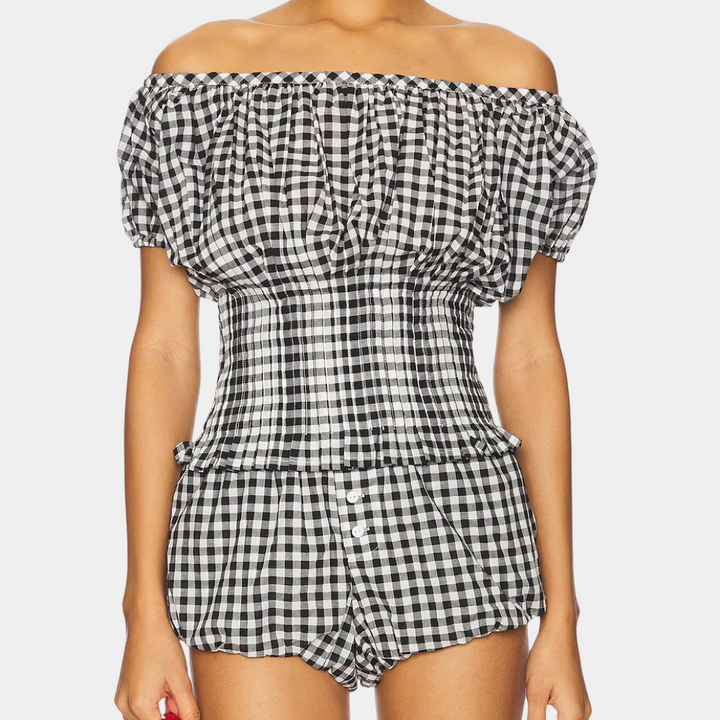 Valerine Damski Zestaw 2-częściowy – Stylowy Wzór w Kratkę z Topem Off-Shoulder i Szortami