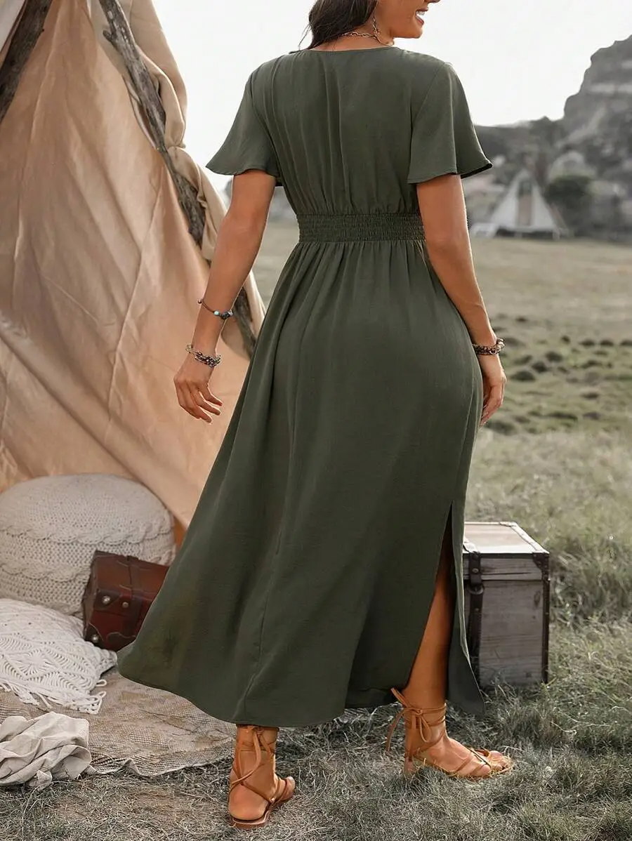 Vanessa Sukienka Maxi Damska – Długa Czarna Sukienka z Marszczoną Talią i Eleganckim, Zwiewnym Krojem
