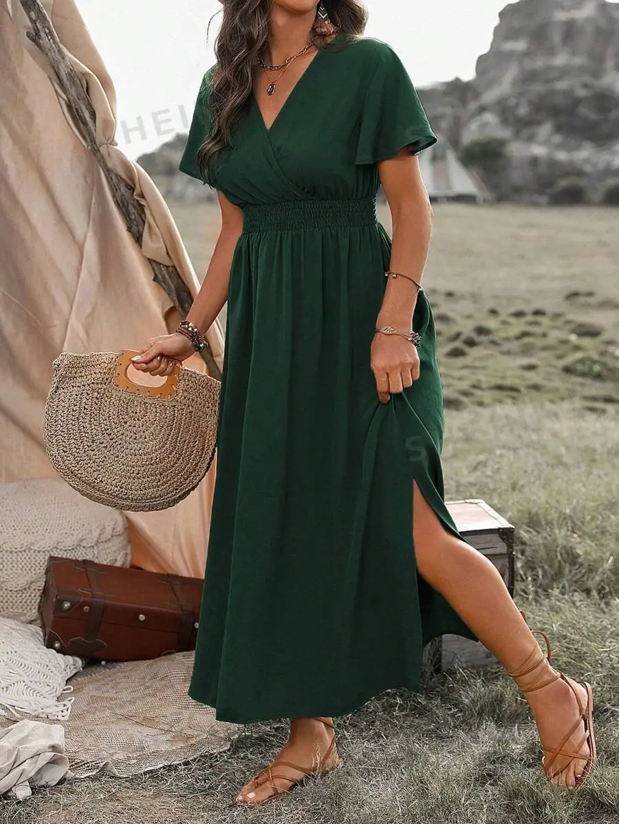 Vanessa Sukienka Maxi Damska – Długa Czarna Sukienka z Marszczoną Talią i Eleganckim, Zwiewnym Krojem