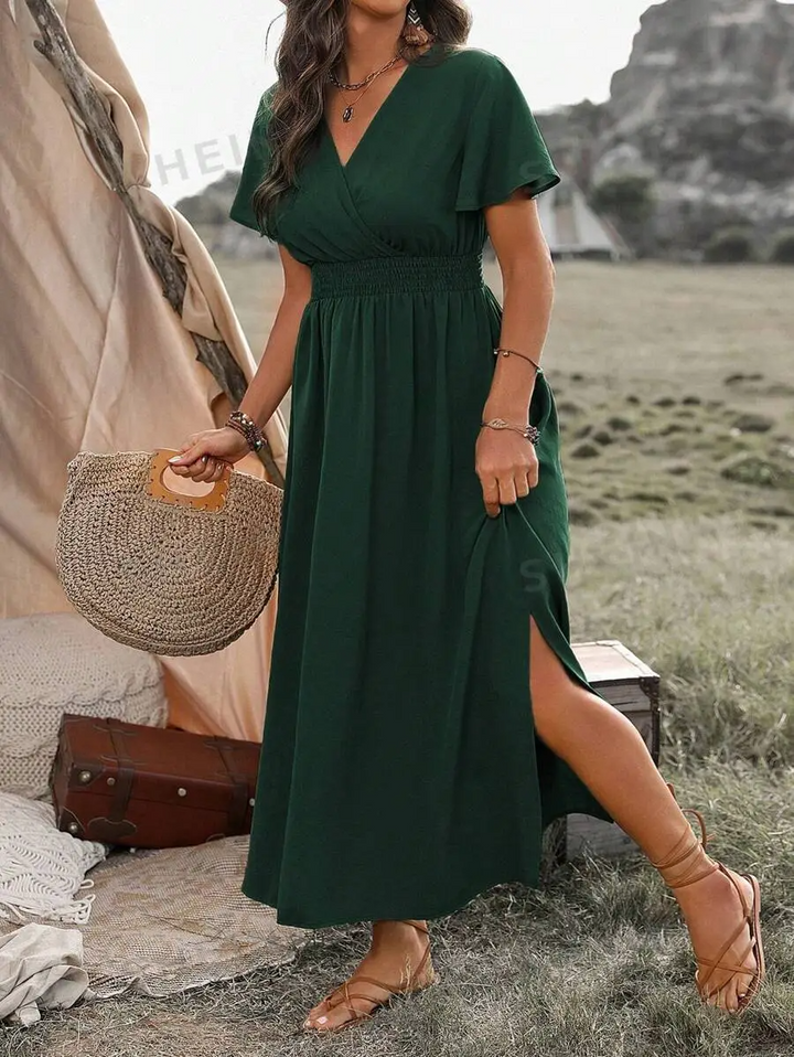Vanessa Sukienka Maxi Damska – Długa Czarna Sukienka z Marszczoną Talią i Eleganckim, Zwiewnym Krojem