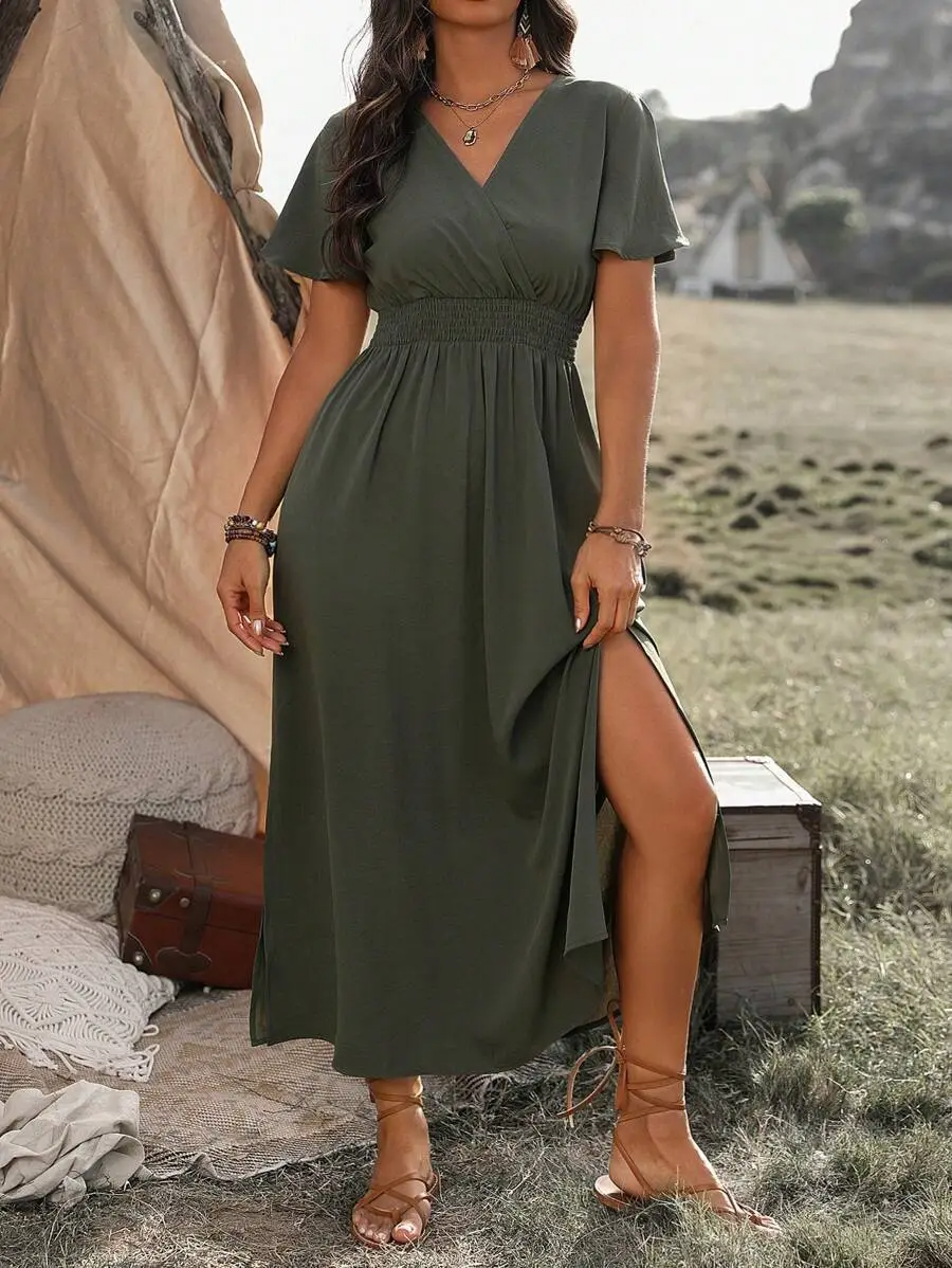 Vanessa Sukienka Maxi Damska – Długa Czarna Sukienka z Marszczoną Talią i Eleganckim, Zwiewnym Krojem