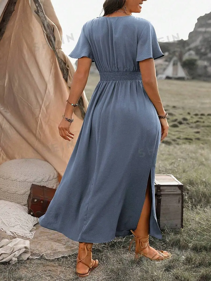 Vanessa Sukienka Maxi Damska – Długa Czarna Sukienka z Marszczoną Talią i Eleganckim, Zwiewnym Krojem