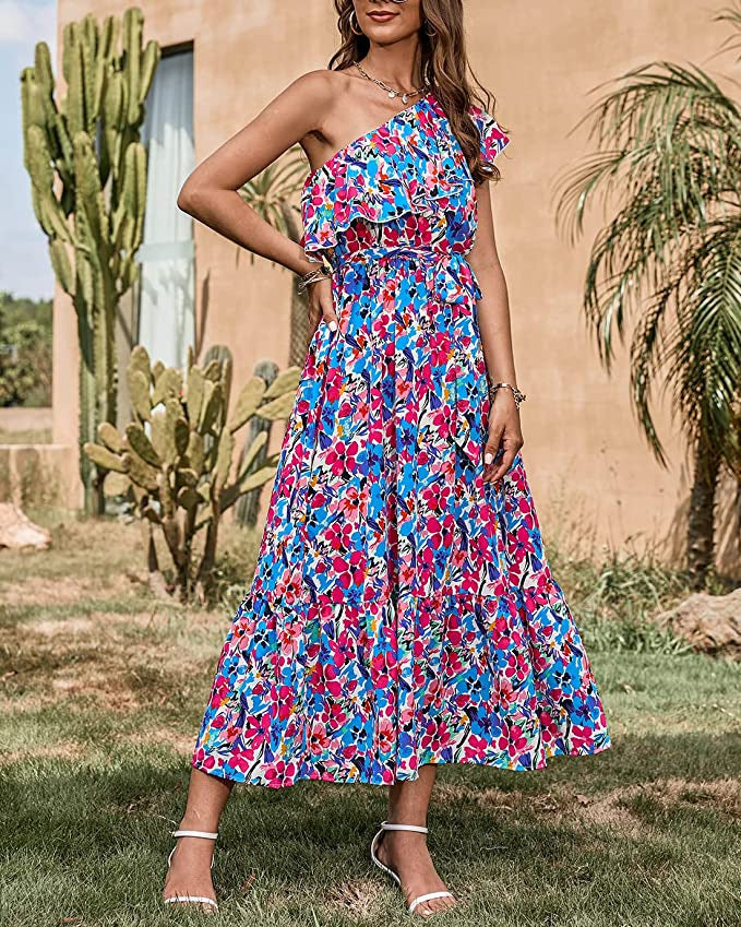Ella Sukienka Boho Damska – Letnia Sukienka Bez Rękawów z Asymetrycznym Ramiączkiem i Wysokim Stanem