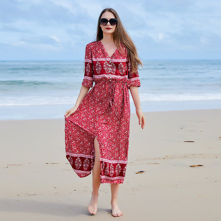 Kayla Sukienka Damska Maxi – Kwiatowa Sukienka Plus Size z Dekoltem w Serek, Długimi Rękawami i Asymetrycznym Dołem