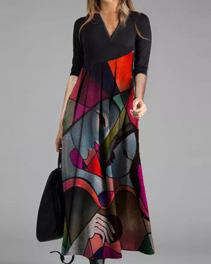 Sukienka Damska Nina – Elegancka Sukienka w Stylu Color Block z Długim Rękawem i Plisowanym Detalem