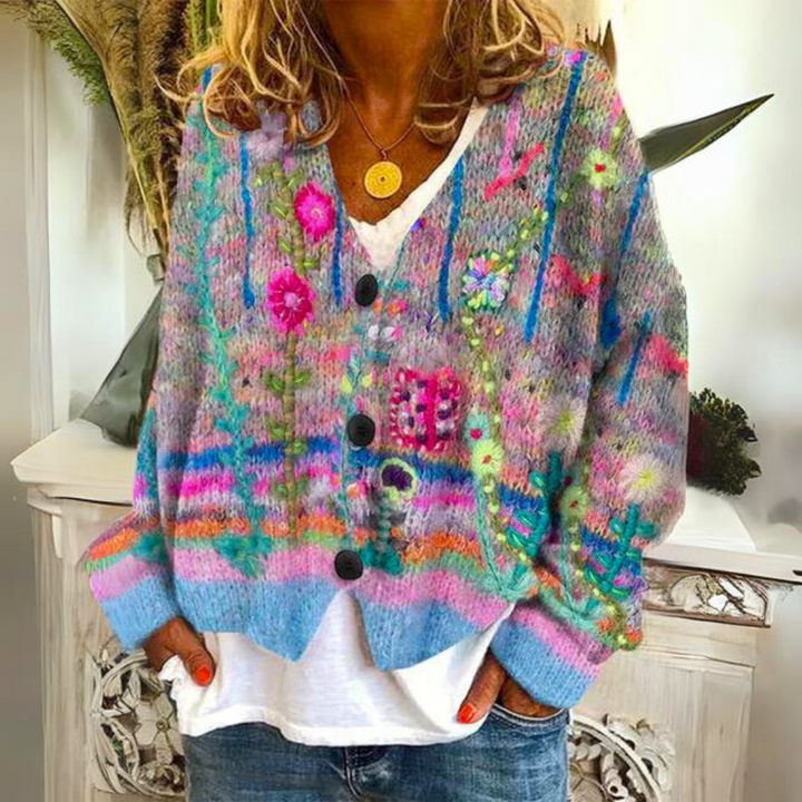 Elisa Kardigan Boho – Kardigan w Kolorowe Wzory z Haftami Kwiatowymi i Luźnym Krojem