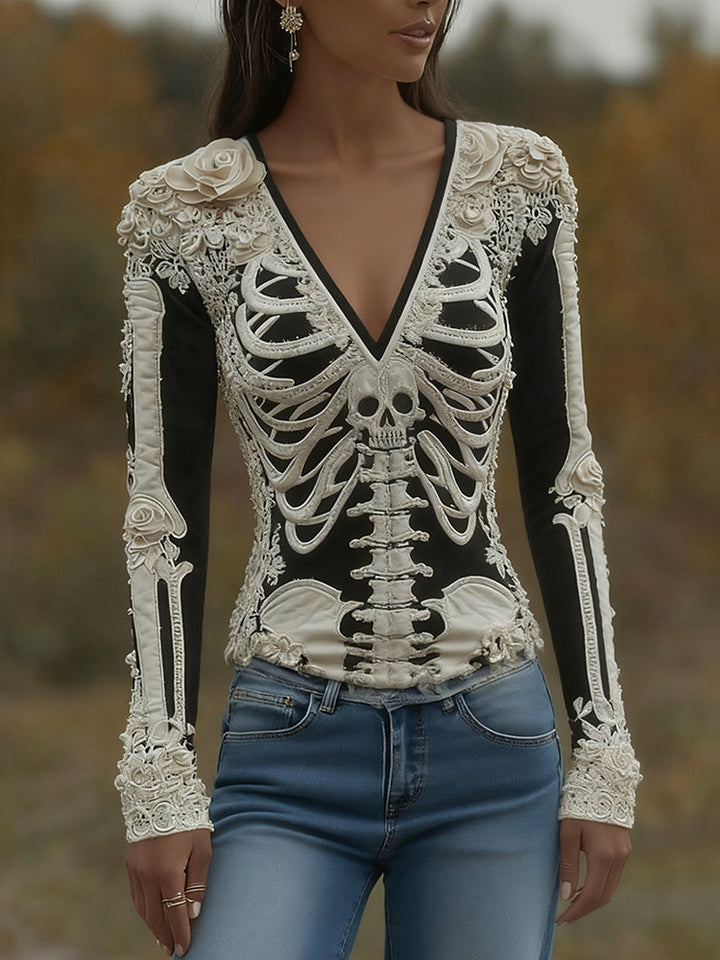Arwen | Koszulka V-Neck z nadrukiem szkieletu na Halloween
