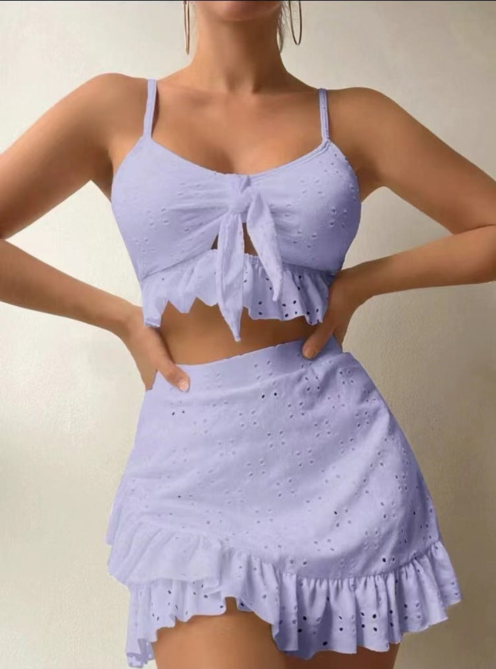 Serena 3-Częściowy Strój Kąpielowy Damski – Modne Bikini z Falbankami, Spódniczką i Dopasowanym Topem