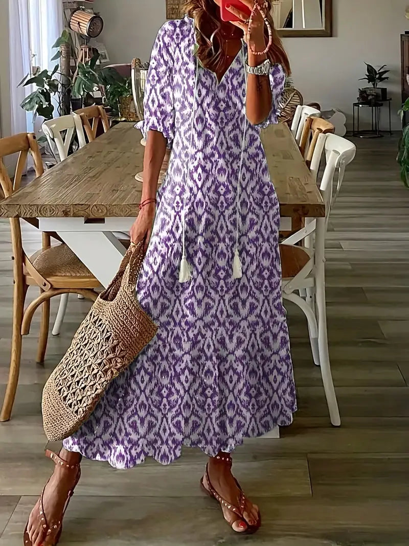 Letnia Sukienka Damska Charm – Elegancka Sukienka Boho z Falbankami, Dekoltem w Serek i Wzorem Ikat