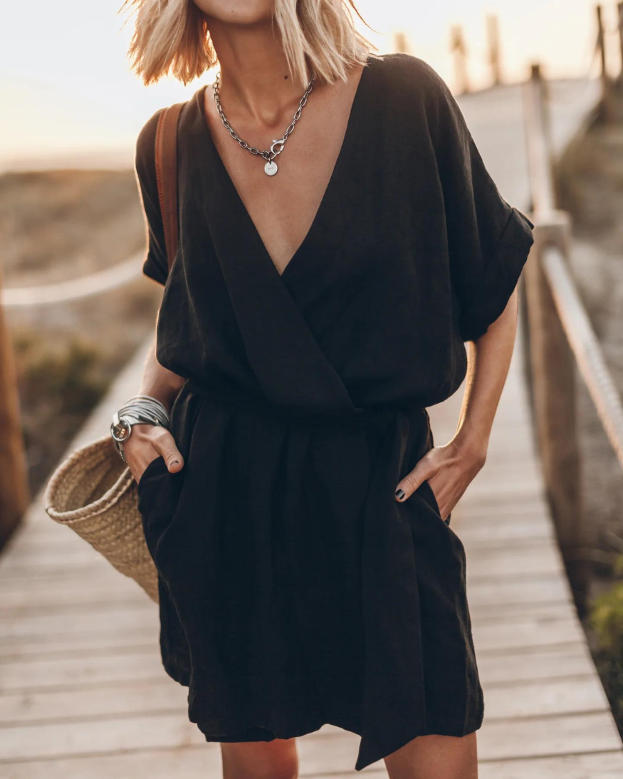 Sukienka Kimono Damska Anny – Letnia Sukienka z Lnu z Szerokimi Rękawami i Dzikim Wzorem