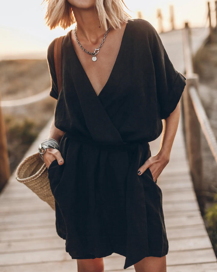 Sukienka Kimono Damska Anny – Letnia Sukienka z Lnu z Szerokimi Rękawami i Dzikim Wzorem