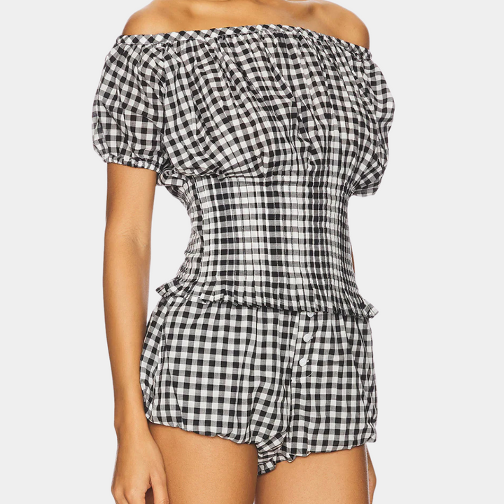 Valerine Damski Zestaw 2-częściowy – Stylowy Wzór w Kratkę z Topem Off-Shoulder i Szortami