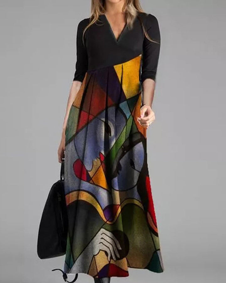 Sukienka Damska Nina – Elegancka Sukienka w Stylu Color Block z Długim Rękawem i Plisowanym Detalem