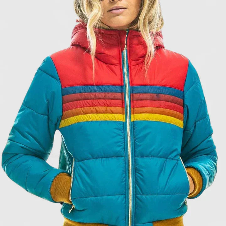 Ondine | Kurtka Puchowa w Stylu Retro z Kolorowym Blokiem i Kapturem