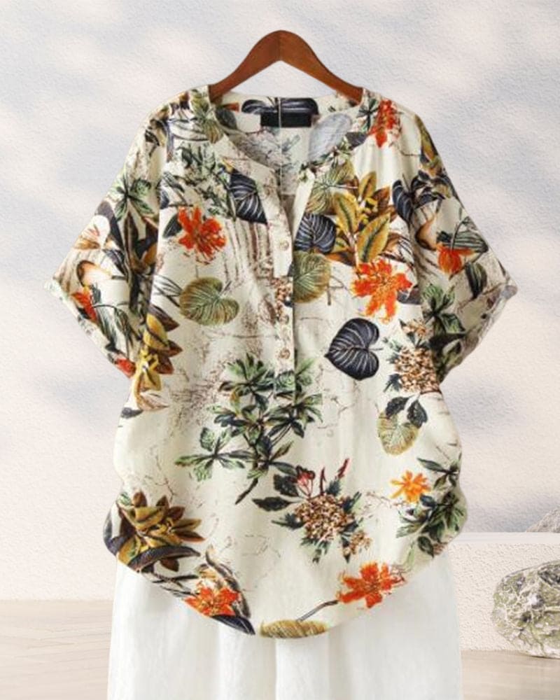 T-shirt Damski Elisse – Swobodna Elegancja z Kwiatowym Nadrukiem, Mieszanką Bawełny i Lnu oraz Stylowym Detalem