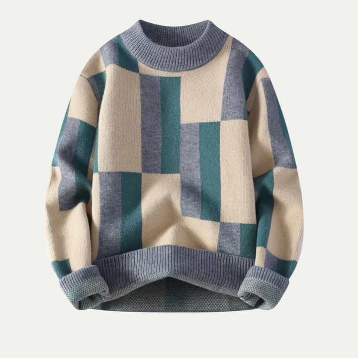 David Męski Sweter z Wełny Merynosów – Stylowy Sweter w Kratę z Golfem & Luźnym Krojem