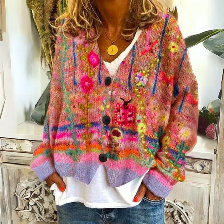 Elisa Kardigan Boho – Kardigan w Kolorowe Wzory z Haftami Kwiatowymi i Luźnym Krojem