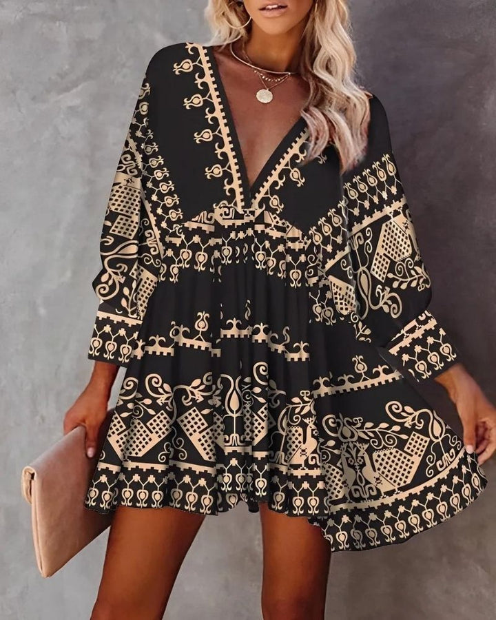 Ava Letnia Sukienka Damska – Lekka Mini Sukienka z Dekoltem V, Rękawami 3/4 i Boho Wzorem