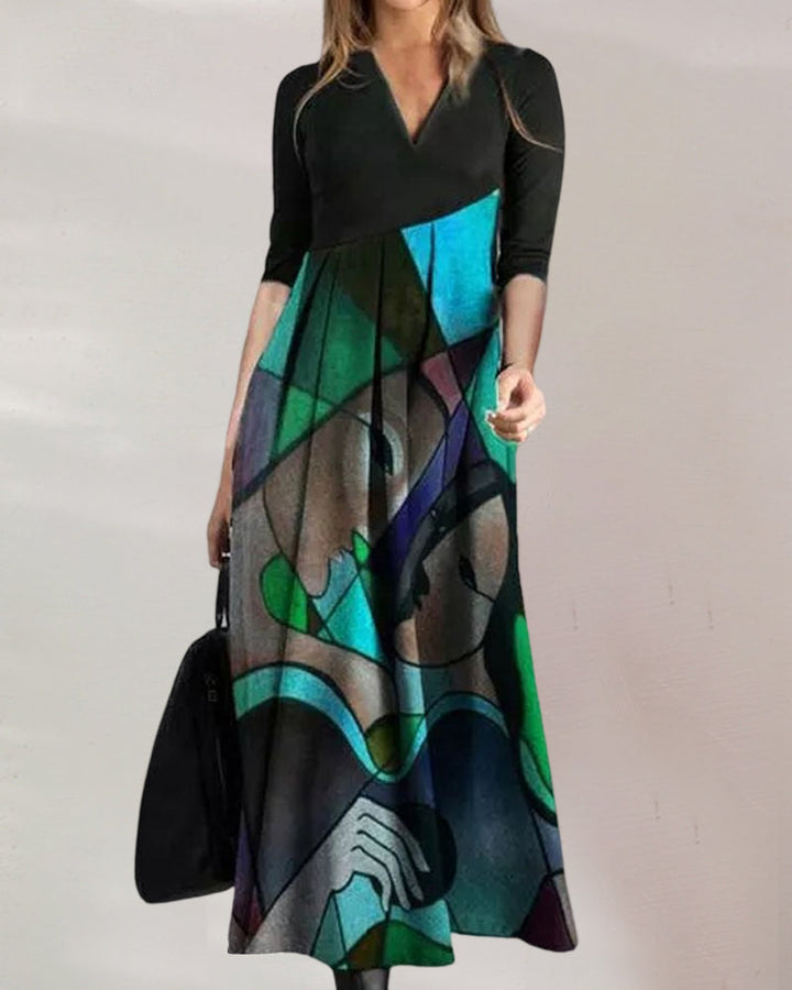 Sukienka Damska Nina – Elegancka Sukienka w Stylu Color Block z Długim Rękawem i Plisowanym Detalem