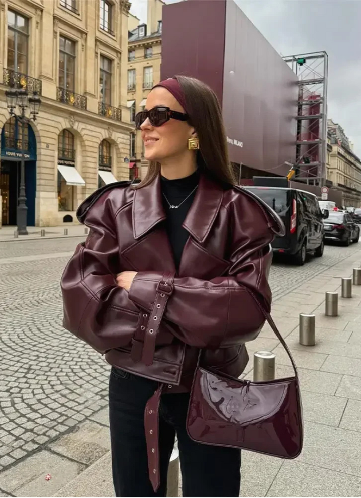 Audace Parisienne Oversize Kurtka ze Skóropodobnego Materiału – Pasek, Nowoczesny i Elegancki Styl dla Kobiet