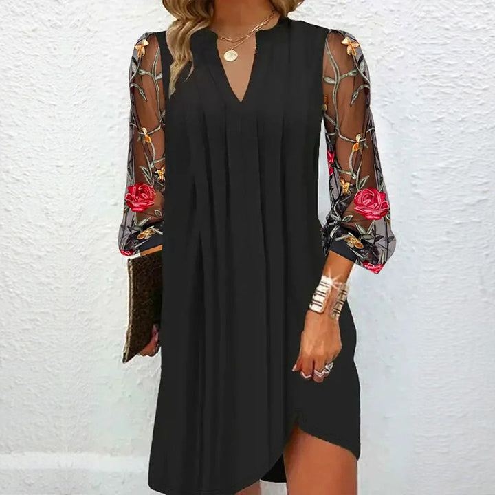 Mylene Damska Sukienka Mini – Elegancki Dekolt w Serek z Transparentnymi Rękawami & Kwiatowym Wzorem