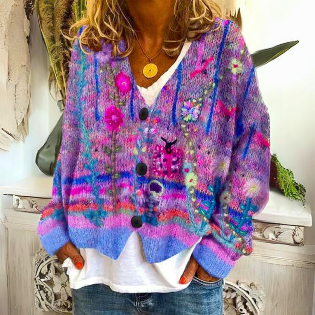 Elisa Kardigan Boho – Kardigan w Kolorowe Wzory z Haftami Kwiatowymi i Luźnym Krojem