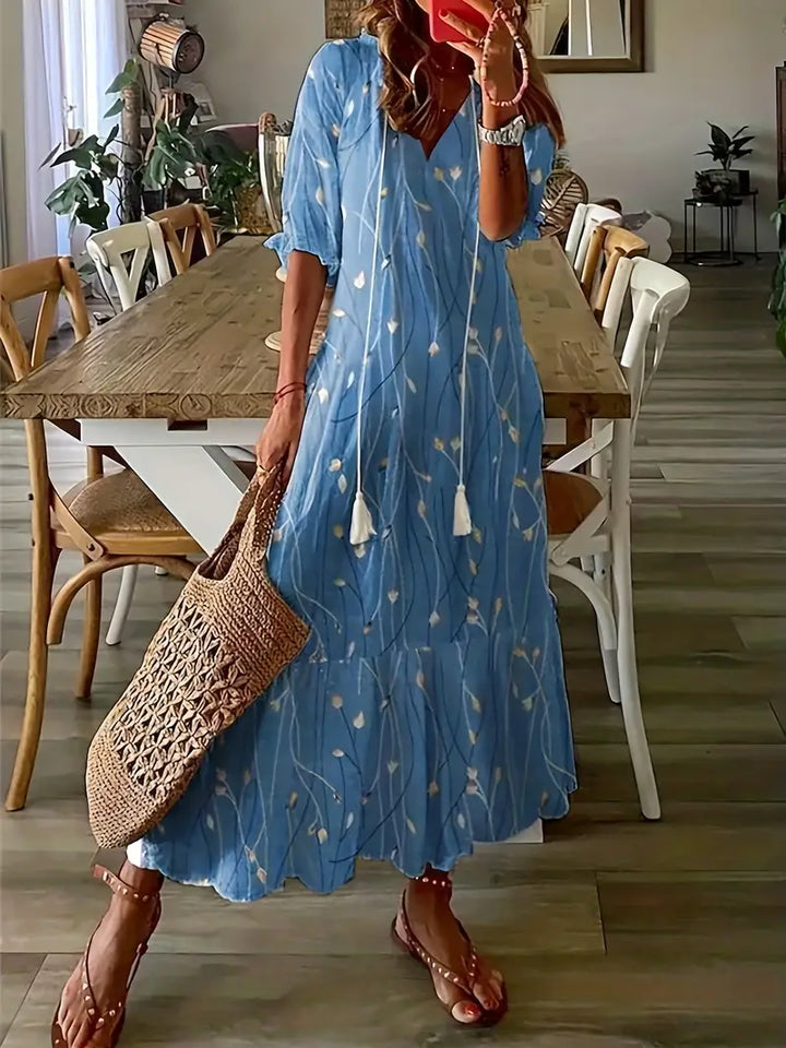 Letnia Sukienka Damska Charm – Elegancka Sukienka Boho z Falbankami, Dekoltem w Serek i Wzorem Ikat