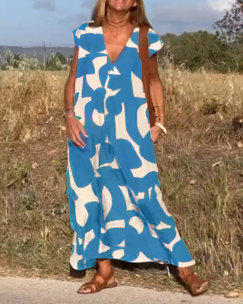 Maxine Damska Sukienka Maxi – Zwiewna Letnia Sukienka z Dekoltem w Serek, Nadrukiem i Fasonem w Kształcie Litery A