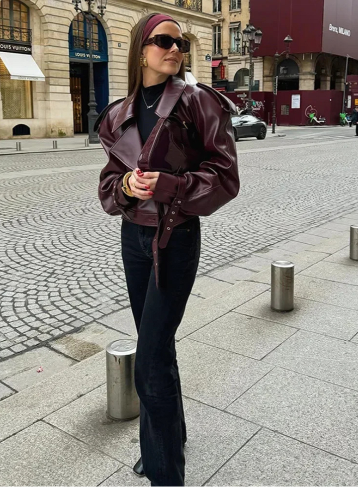 Audace Parisienne Oversize Kurtka ze Skóropodobnego Materiału – Pasek, Nowoczesny i Elegancki Styl dla Kobiet