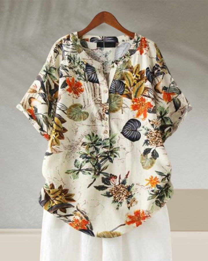 T-shirt Damski Elisse – Swobodna Elegancja z Kwiatowym Nadrukiem, Mieszanką Bawełny i Lnu oraz Stylowym Detalem