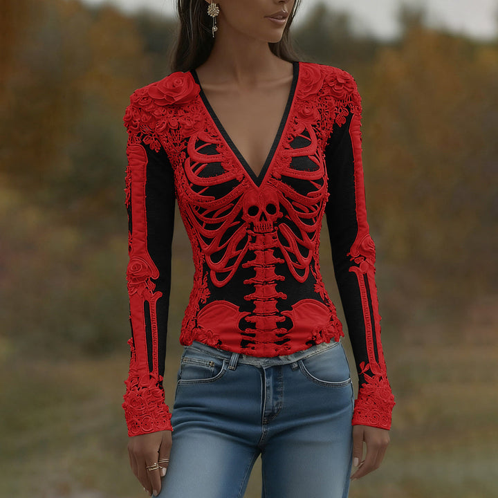 Arwen | Koszulka V-Neck z nadrukiem szkieletu na Halloween