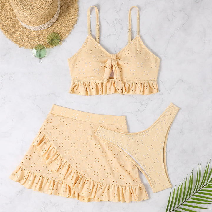 Serena 3-Częściowy Strój Kąpielowy Damski – Modne Bikini z Falbankami, Spódniczką i Dopasowanym Topem