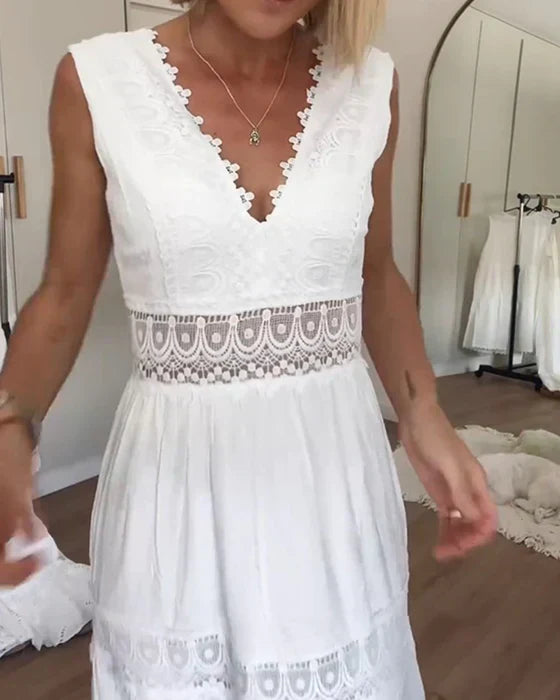 Benelyn Sukienka Maxi Damska – Biała Sukienka Boho z Lekkiej Bawełny z Delikatnymi Koronkowymi Detalami