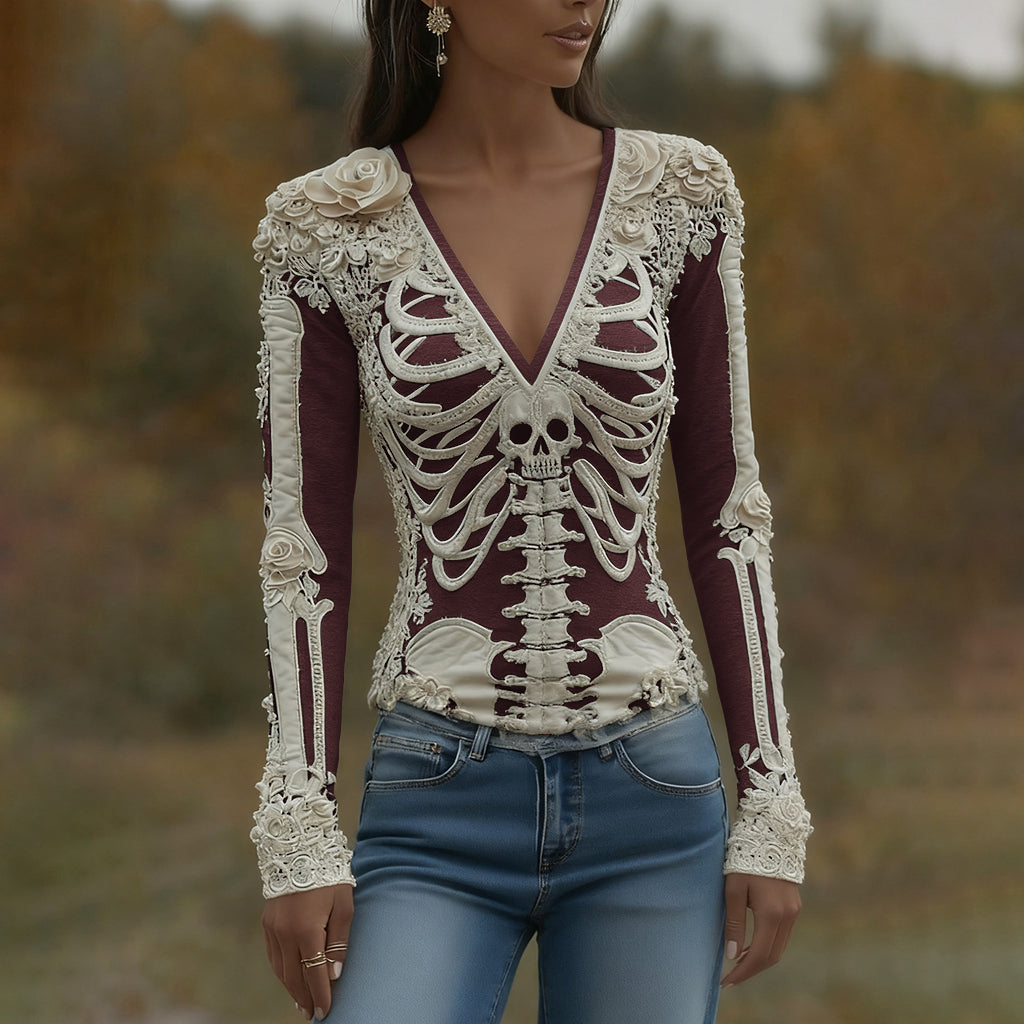 Arwen | Koszulka V-Neck z nadrukiem szkieletu na Halloween