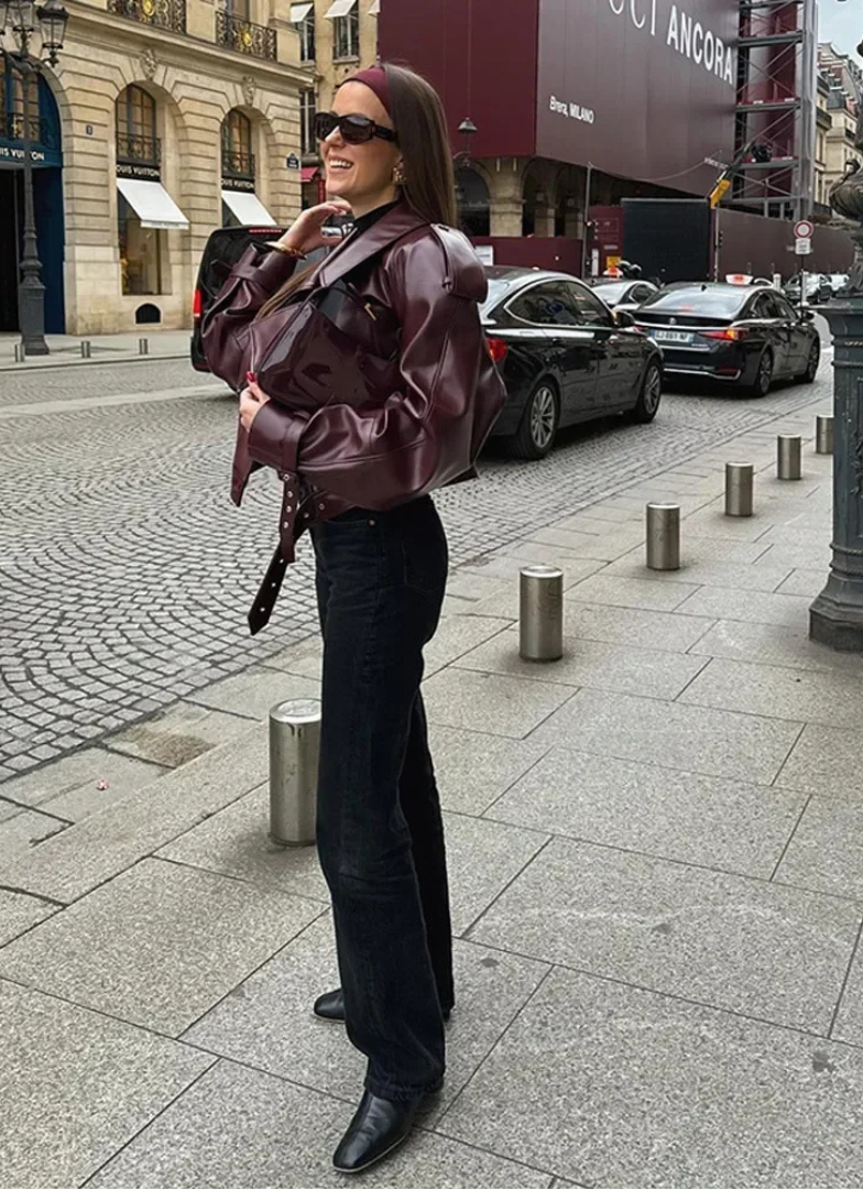 Audace Parisienne Oversize Kurtka ze Skóropodobnego Materiału – Pasek, Nowoczesny i Elegancki Styl dla Kobiet
