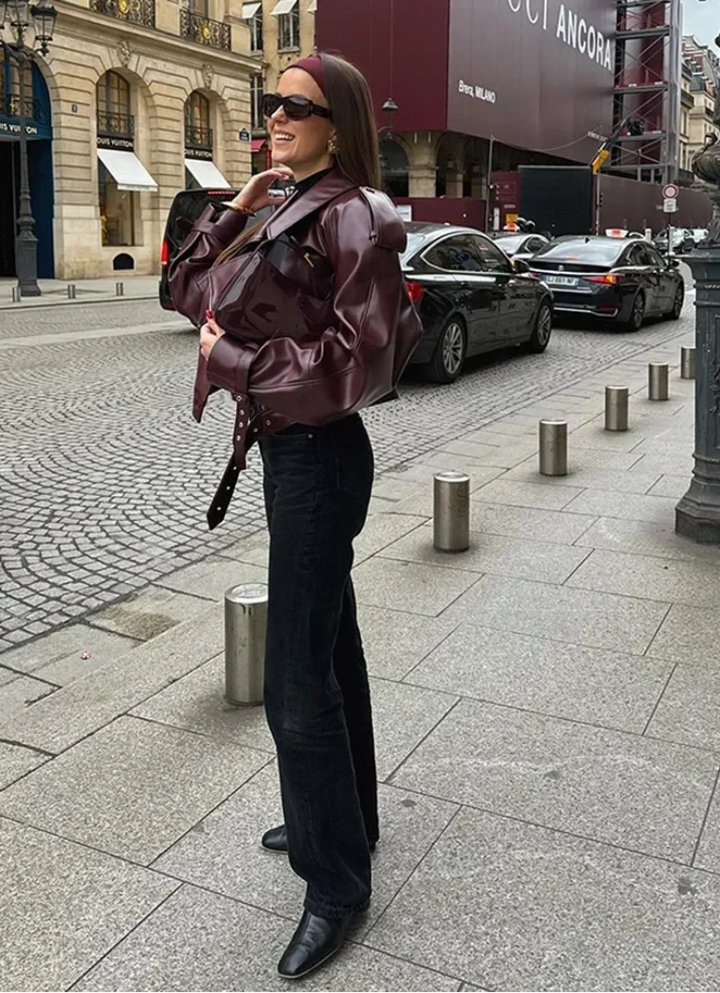 Audace Parisienne Oversize Kurtka ze Skóropodobnego Materiału – Pasek, Nowoczesny i Elegancki Styl dla Kobiet
