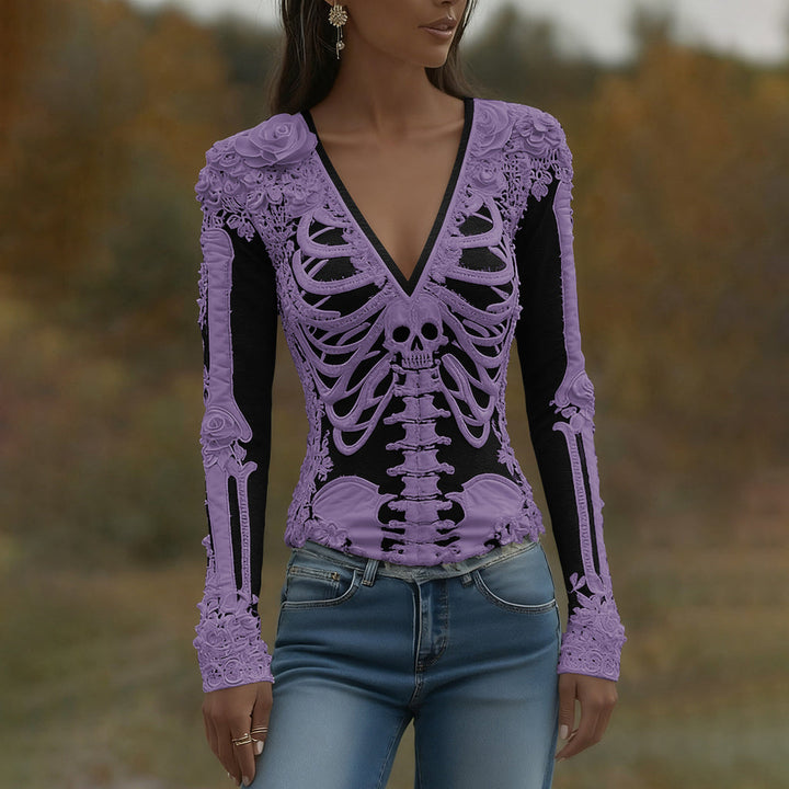 Arwen | Koszulka V-Neck z nadrukiem szkieletu na Halloween