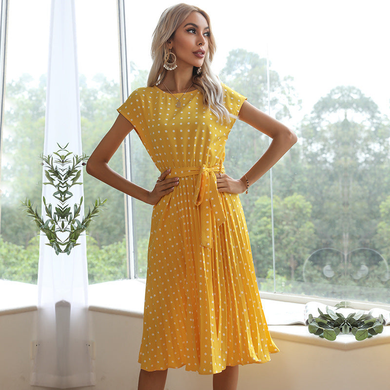 Victoria Sukienka Midi Damska – Elegancka Sukienka w Grochy z Krótkim Rękawem na Lato i Co Dzień