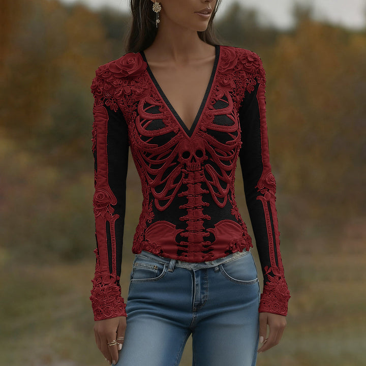 Arwen | Koszulka V-Neck z nadrukiem szkieletu na Halloween